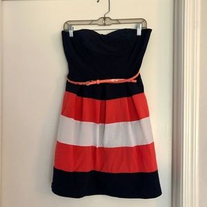 B Darlin Navy, White, Coral Strapless Dress